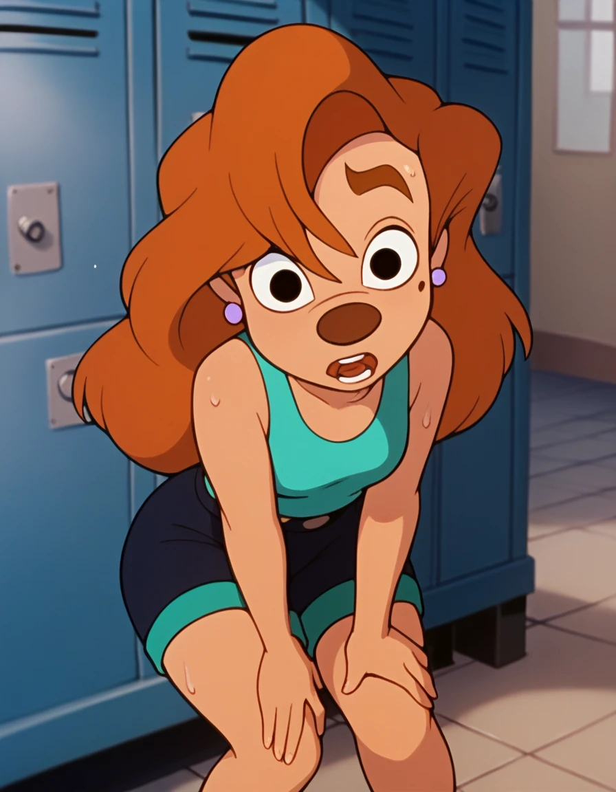 roxanne, 1girl, brown hair, long hair, solo, earrings, black eyes, green tanktop, blue-green striped shorts, furry female, shorts,, score_9, score_8_up, score_7_up, score_6_up, score_5_up, score_4_up, looking at viewer, gym locker, hands on knees, sweaty, sexy, wet with sweat, exhuasted, out of breath, breathing, dripping sweat, chin sweating, open mouth