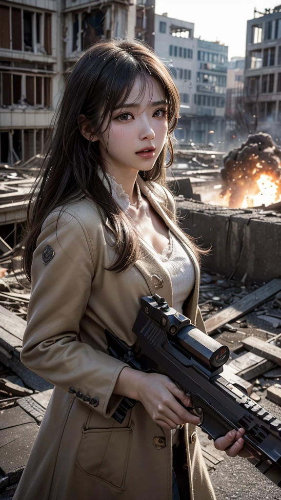 Highest quality, Realistic, (Photo Realistic:1.35), Award-winning photography, (Intricate details), (Subtle details), (Intricate details), (Cinematic Light), Sharp focus, 

(1girl), 

((gun aiming at viewer:1.40)), 
((On the roof of an abandoned building)), 
break 

(wearing coat), 
(Hair blowing in the wind), 
(Eyes chasing prey), 
An exceptionally beautiful face, 
Perfect Human Anatomy, 
Sweaty skin:1.35, Transparent soft white skin, 
break 

(battlefield), (Destroyed rubble, collapsed buildings, gunfire), (explosions:1.35),
light particles, 
shine, glint,
Expressing emotions:1.35, 
Have a rich imagination,
Professional Lighting, 
Professional photographer, 

(depth of field:1.30), 
