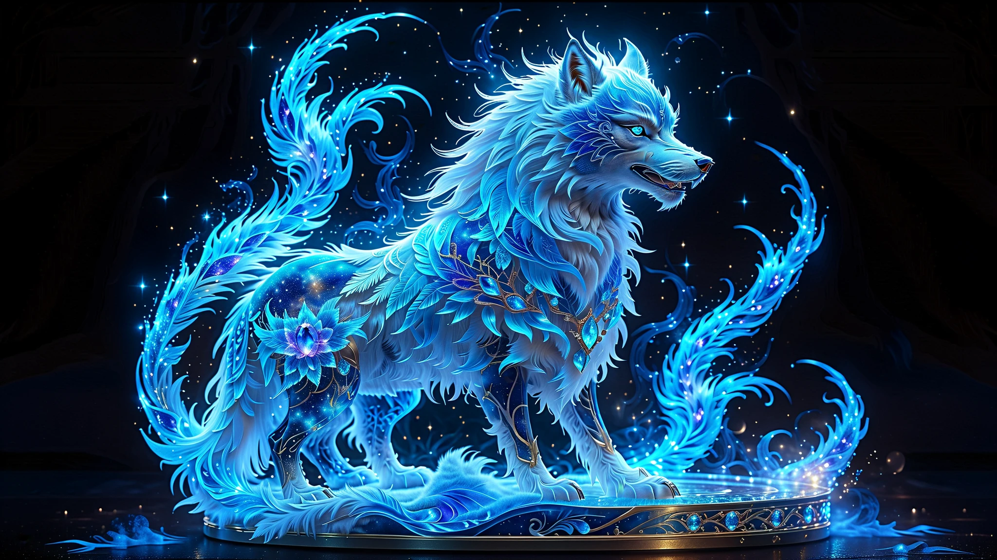 Generate A Wolf, Mystical Animal In The Style Of Fantasy And Celestial Art. Design A Beautiful Wolf With Satin-Like Fur, Feathered Accents, And Shimmering Iridescent Hues. Adorn It With Ornate Patterns, Celestial Jewels, And Ethereal Details.
Composition: Use Striking Angles To Showcase Its Strength And Grace.
Lighting: Apply Dramatic Ambient Lighting Featuring Deep Shadows And Soft Illuminations.
Resolution & Detail: 8K Ultra-High Resolution With Masterfully Detailed Eyes And Unreal Engine-Level Visual Precision.
Final Style: A Fantasy Masterpiece Combining Hyperrealism And Celestial Fantasy Elements.