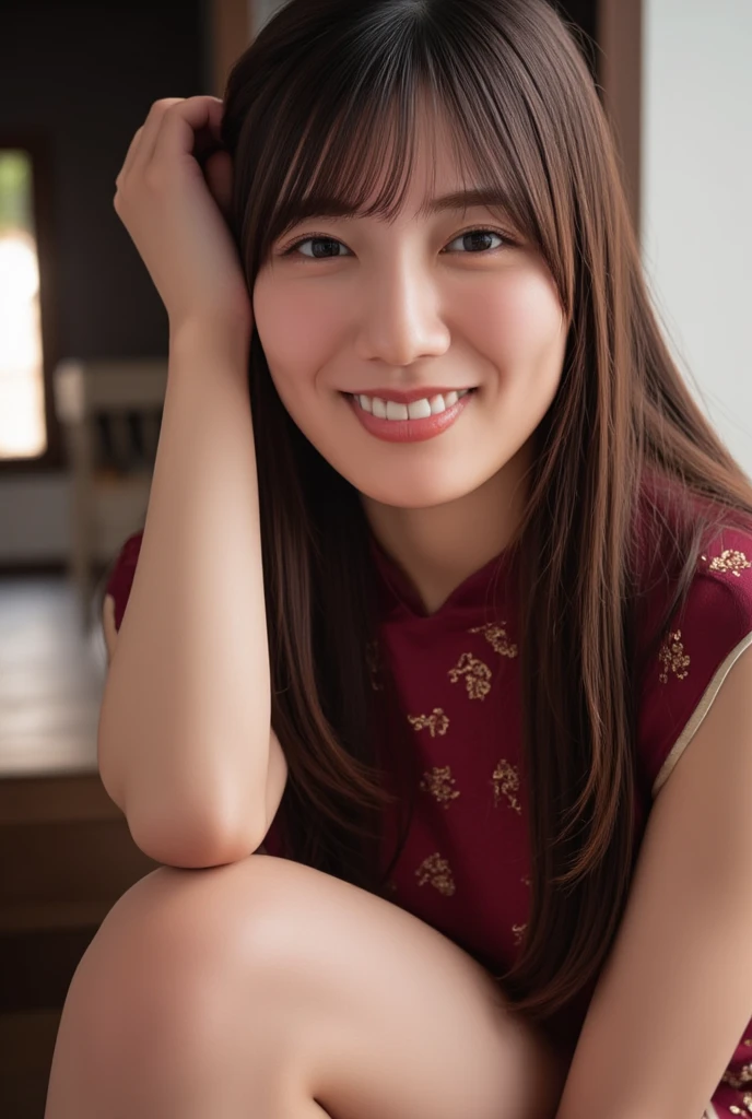 (((top-down configuration:1.4))), (best quality:1.4), (ultra highres:1.2), (photorealistic:1.4), (16k, RAW photo:1.2), (portrait shot:1.3), professional lighting, Japanese goddess, gravure, detailed face and skin texture, detailed eyes, looking at camera, nsfw, beautiful eyes, detailed eyes, beautiful face, detailed face, ((smile:1.5)), (highest quality), glowing skin, (smooth lighting:1.2), (cinema lighting:1.2), (brown long hair), (((China dress:1.2)), ((cheongsam:1.5)), (wine red dress), (brocade dress:1.3), sleeveless, (emphasize cleavage:1.2), ((cleavage cutout:1.3)), ((clothing cutout)), ((tight mini skirt:1.6)), ultra detailed dress, (gold decoration), (bare thighs:1.4), (bare legs:1.2), sitting down, leaning forward, (arms behind head), (emphasize armpit:1.4), (from slightly side)