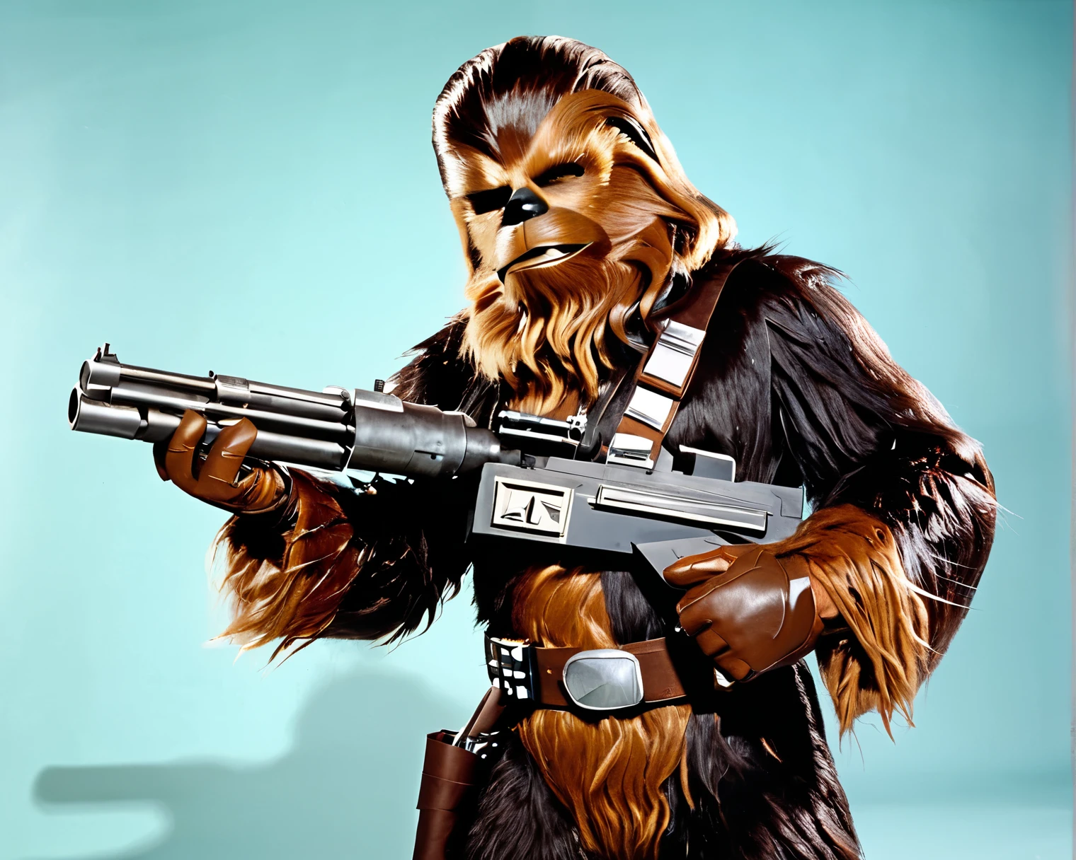 a medium shot of Chewbacca 1950s, with this classic costume from star wars, holding a futuristic gun