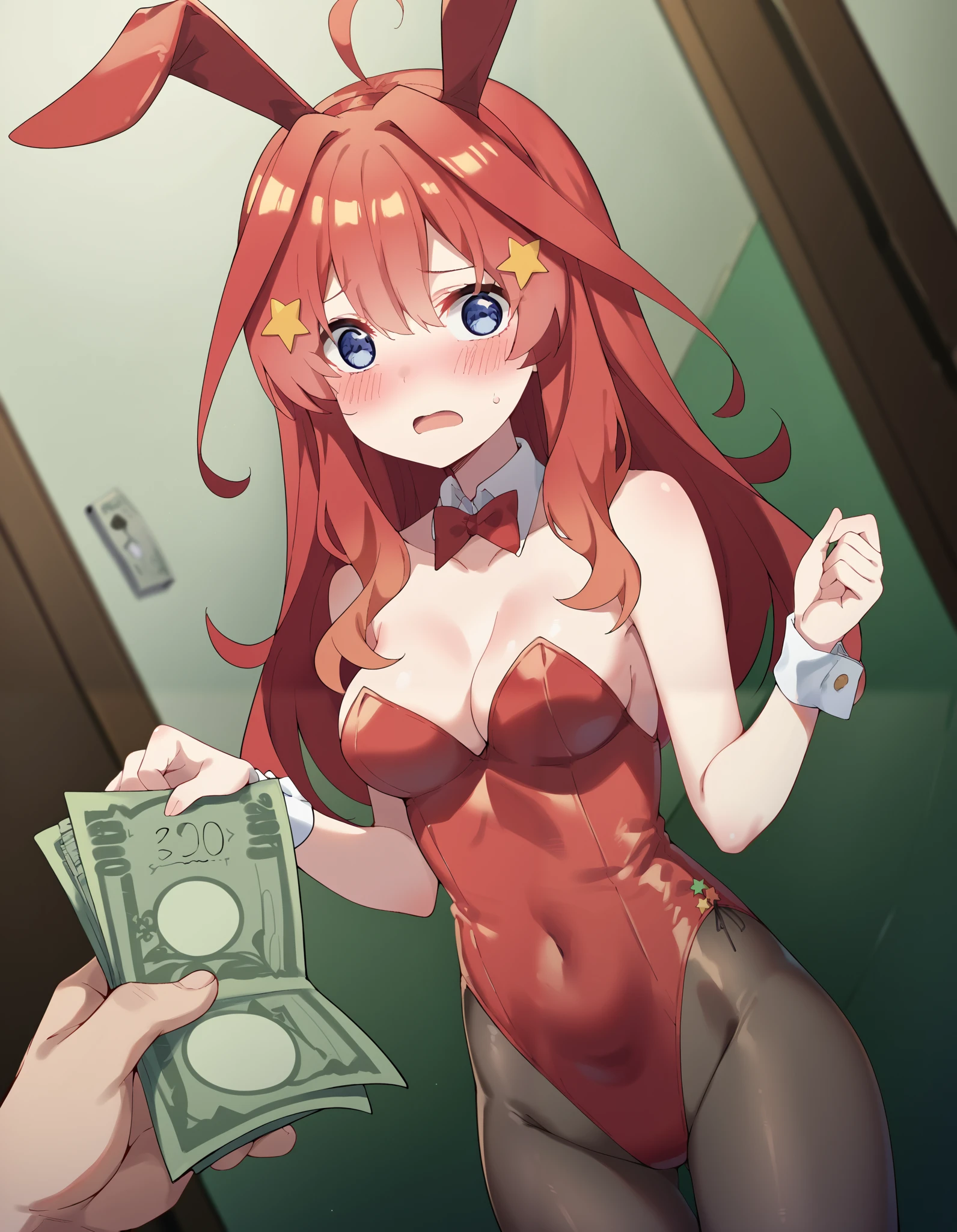 score_9, score_8_up, score_7_up, source_anime, itsuki nakano, bangs, long hair, blue eyes, hair between eyes, ahoge, red hair, star (symbol), hair ornament, star hair ornament, ((dutch angle)), ((medium breasts)), 
holding money pov, holding money, pov, banknote, holding,, blush, playboy bunny, casion, bunny ears, leotard, highleg leotard, pantyhose, collarbone, detached collar, wrish cuff, embarrassed, open mouth, averting eyes,, cowboy shot, looking at viewer, hallway 