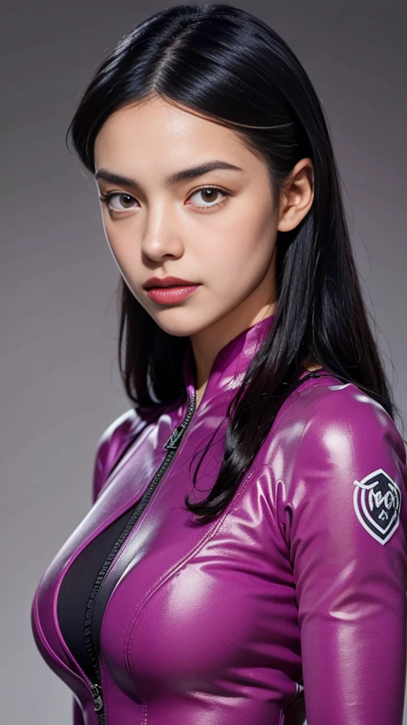 beautiful woman with long black parted hair, wearing a purple wetsuit, large breasts, looking at viewer, half body portrait