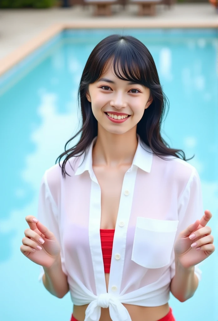 (((Lewd)))、 D cup boobs、(((whiteＴ shirt、Red sexy bikini)))、downblouse, shortcut hair:1.4、、  lean forward 、Nipples、  female in her 20s、 looking at camera 、 outdoor pool、 exposes the buttocks、up shot