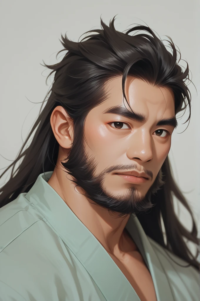 Asian man with long hair and a lot of beard wearing light green work clothes 、Asian man with long hair and a lot of beard 。 has a white gel sheet on his forehead。