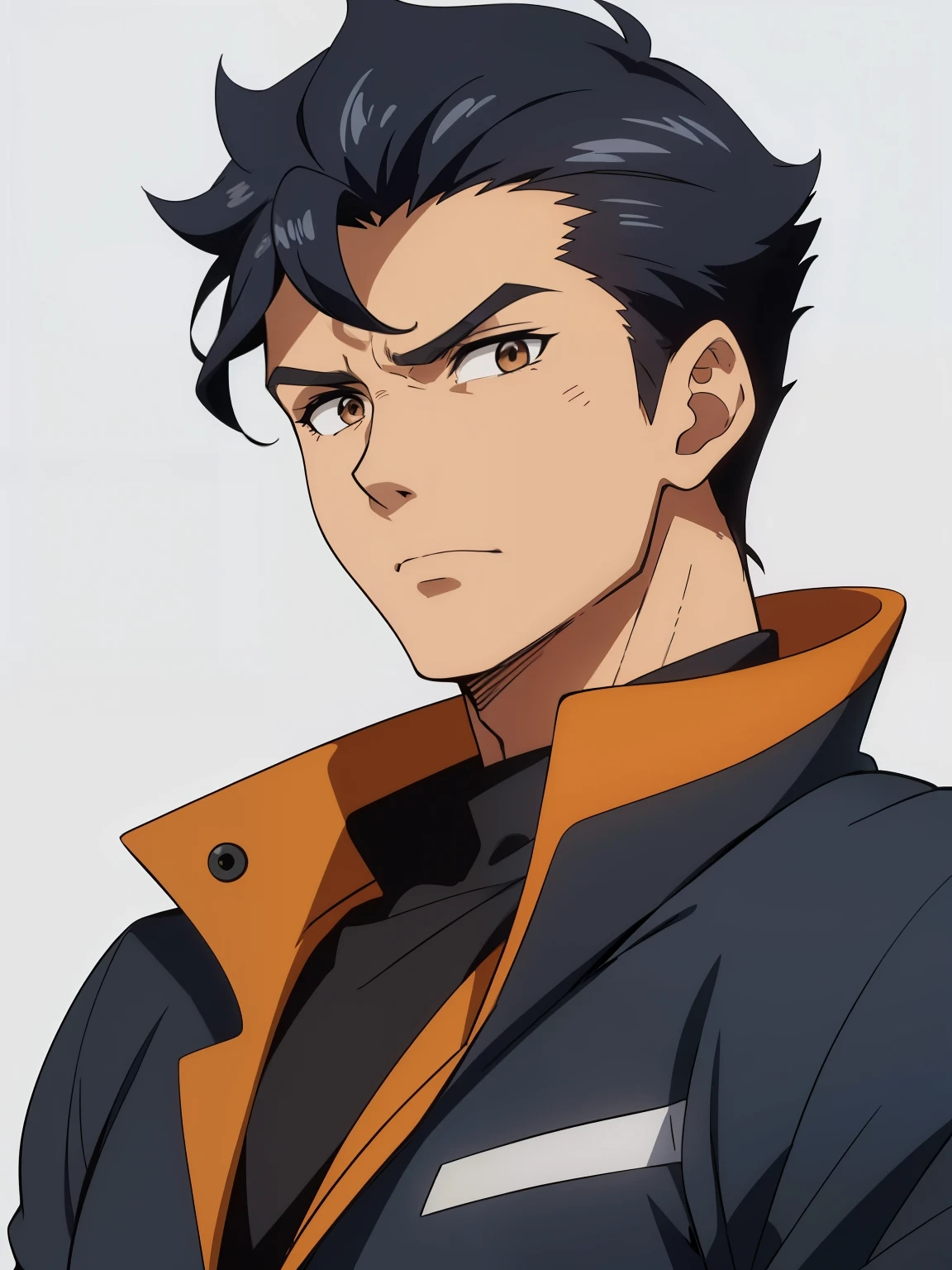 (high-quality, breathtaking),(expressive eyes, perfect face) 1boy, male, solo, adult age, Symmetrical Eyes, simple background, short hair, portrait, looking at viewer, brown eyes, black hair, sprite, facing viewer, looking at viewer, standing straight, front view, gundam pilot, blue and black jacket, white shirt, G Gundam style, thin eyebrows, calm expression, neutral face, muscular male, scar on face, 
