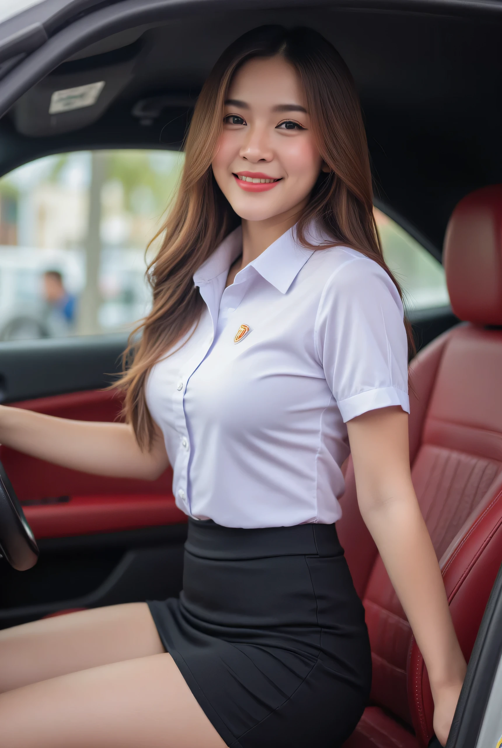 captures full body of a cute thai woman with long brown natural loose hair and light skin, slender, huge breasts, gold necklace , glamorous smiling. She is wearing cleavage white collared shirt short sleeves , belt, short black pencil skirt  , university uniform. She sit on driver's seat. The car interior is black with red leather seats. The background is slightly blurred, drawing focus to the subject. The lighting appears natural, possibly from window. side view