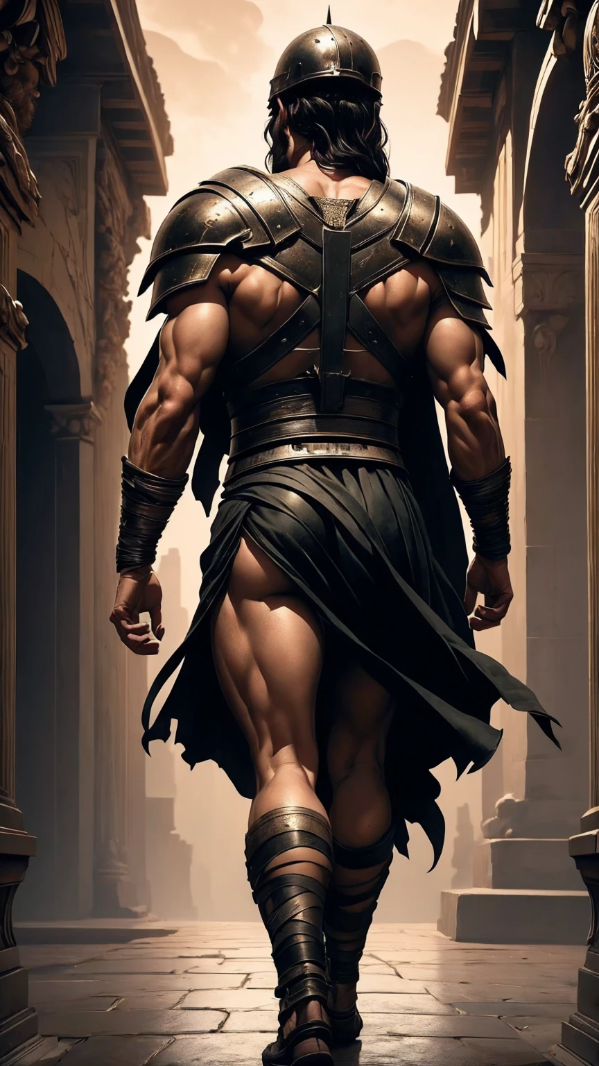 a 45 year old man, black hair, helmet ,prince of troy ,hector of troy, (best quality,4k,8k,highres,masterpiece:1.2),ultra-detailed,(realistic,photorealistic,photo-realistic:1.37),hyperrealistic,cinematic lighting,extremely detailed face and body,dramatic pose,epic scale,dramatic lighting,dark moody colors,chiaroscuro lighting,dramatic shadows, on the war, whole body, comic style, walking, in combat, show the feets, backwards, looking back