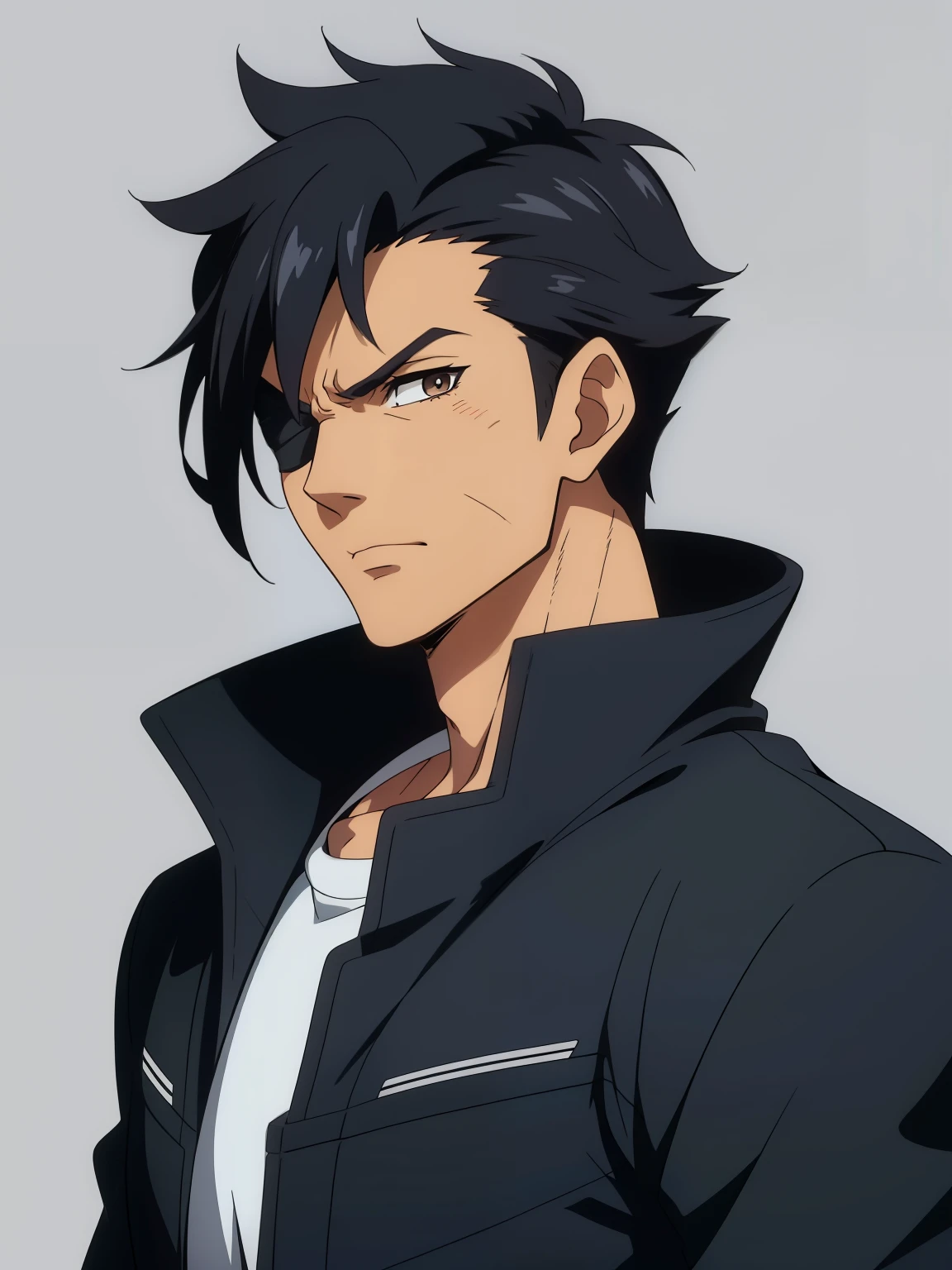 (high-quality, breathtaking),(expressive eyes, perfect face) 1boy, male, solo, adult age, Symmetrical Eyes, simple background, short hair, portrait, looking at viewer, brown eyes, black hair, sprite, facing viewer, looking at viewer, standing straight, front view, gundam pilot, blue and black jacket, white shirt, G Gundam style, thin eyebrows, calm expression, neutral face, muscular male, scar on face, eyepatch covering eye, scars