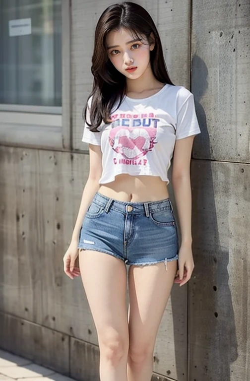     cute high school girl wearing very short denim hot pants,   perfect body ,   Beautiful breasts , (((   slim waist   ))), Exposed navel, (((    short t-shirt showing the lower half of her chest   ))),    amazingly beautiful   , (((  showing the lower half of her butt    ))),    high heels,   Exposing Skin   , baby face,    Big Beautiful Eyes 、 Well-balanced Style  , (from back), (((  small butt 、  thin thighs  ))) 、 look at the camera and smile、