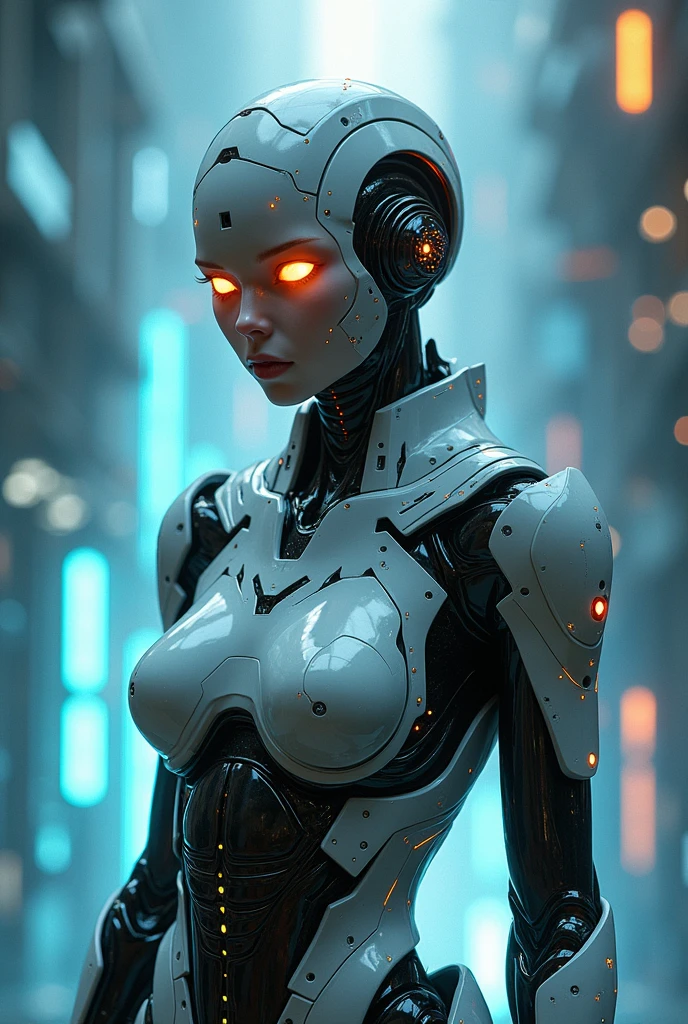Black fig with futuristic armour, glowing eyes, charming smile, anime