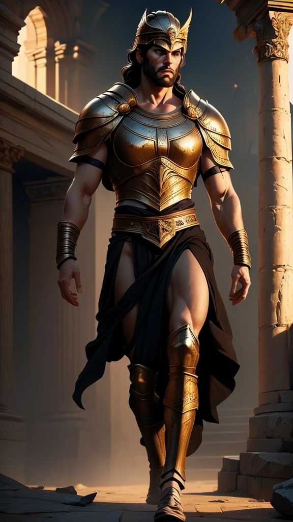 a 45 year old man, black hair, helmet ,prince of troy ,hector of troy, (best quality,4k,8k,highres,masterpiece:1.2),ultra-detailed,(realistic,photorealistic,photo-realistic:1.37),hyperrealistic,cinematic lighting,extremely detailed face and body,dramatic pose,epic scale,dramatic lighting,dark moody colors,chiaroscuro lighting,dramatic shadows, on the war, whole body, comic style, walking, in combat, show the feets, backwards, looking at the viwer