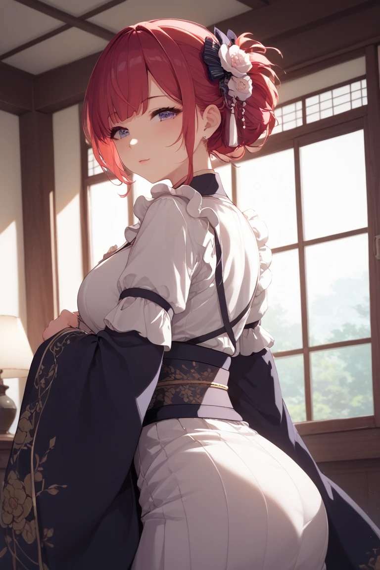 (The background is the living room )、(2.5D anime character )、(２Dimensional animation quality)、( Japanese anime-like image quality)、 pretty girl with red hair and a clean, beautiful, and beautiful girl in the world、 maid clothes、Polite bowing 、(8k、4K、 top quality 、 high definition ：1.2）、 noise reduction as original image