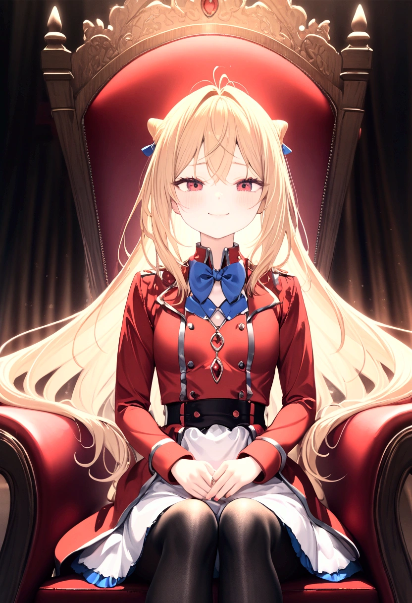  high image quality 、masterpiece、  High Quality   、Full HD、4K 、 long golden hair 、Tie your hair in a bun、 red eyes、 slim、 small breasts、smile、 shy 、blush、 is shy、 red and gold uniform 、White Skirt、 blue ribbon on the chest、 Black Tights 、Sit on the king's chair 、 wear cheek sticks 、 crosses legs