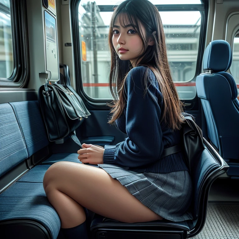 "(masterpiece, High resolution, Ultra High resolution, 4k) brown hair, japanese woman, skirt, thighs,  Low - Angle,  put your feet on the floor of the train,  Watch only the viewer", highest quality, 超High resolution, (realistic: 1.4), High resolution, detailed, RAW photo,  Shapuri, Nikon D850 Film Stock Photo by Lee Jefferies 4 Kodak Portra 400 Camera F1.6 lenses rich colors hyperrealistic animation textures dramatic lighting unreal engine art station trends cinestir 800,