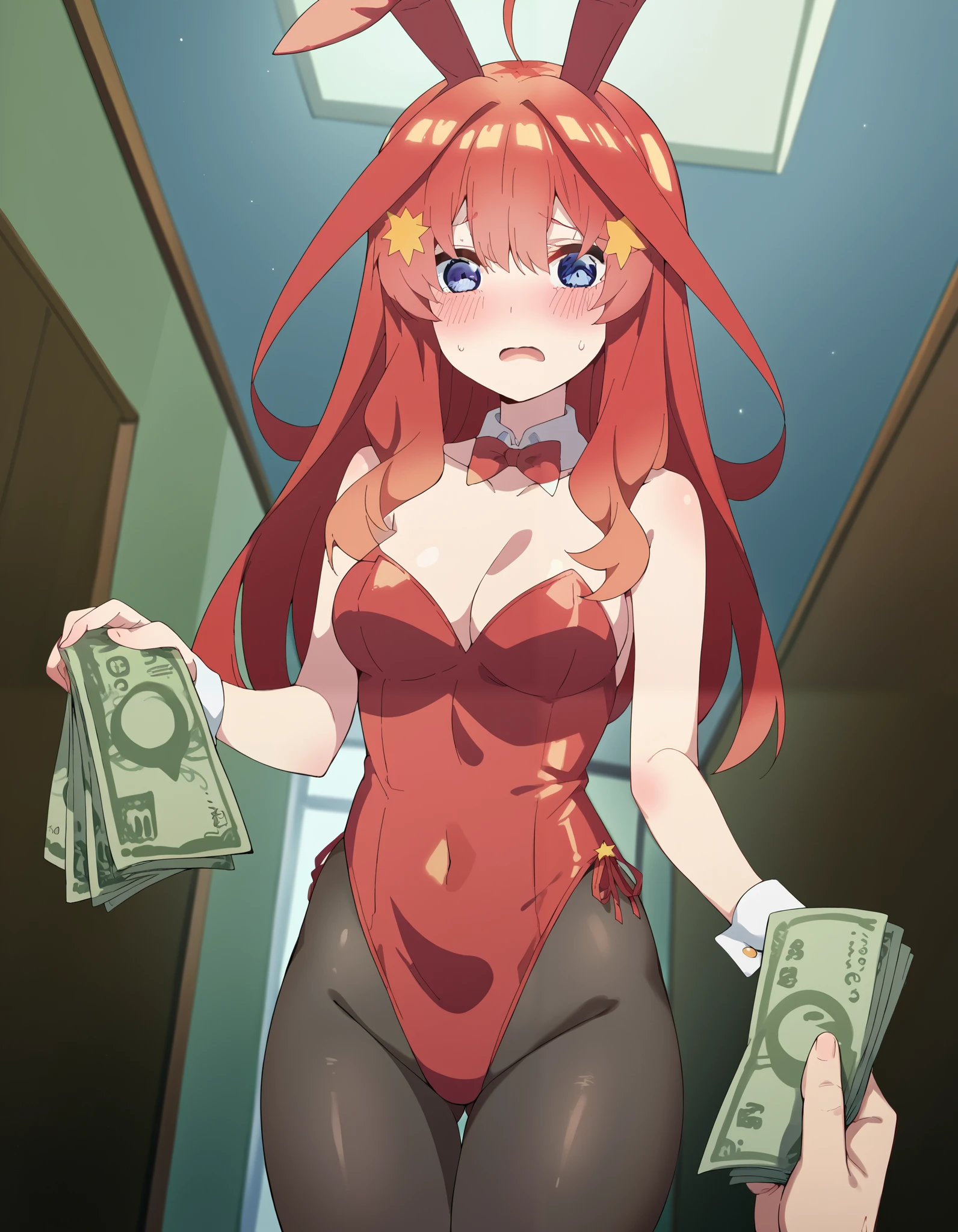 score_9, score_8_up, score_7_up, source_anime, itsuki nakano, bangs, long hair, blue eyes, hair between eyes, ahoge, red hair, star (symbol), hair ornament, star hair ornament, ((dutch angle)), ((medium breasts)), ((thick thighs)),
holding money pov, holding money, pov, banknote, holding,, blush, playboy bunny, casion, bunny ears, leotard, highleg leotard, pantyhose, collarbone, detached collar, wrish cuff, embarrassed, open mouth, averting eyes,, cowboy shot, looking at viewer, hallway 