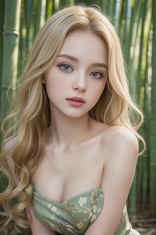 ((Highest quality, 8k, masterpiece :1.3)), Sharp focus :1.2, Beautiful woman with perfect figure :1.4, Slim Abs :1.2, ((Big Breasts, Emphasize cleavage:1.3)), (Photorealistic:1.4), (realistic:1.4), Highly detailed face and skin texture, Fine blue eyes, double eyelid. Makeup face. A little bit of lipstick, necklace, Earrings, sex appeal, Sexy gravure pose, ((A sexy beauty in a green dress、She has a dreamy look on her face while posing sexy in the forest.。Blonde wavy hair。:1.3)