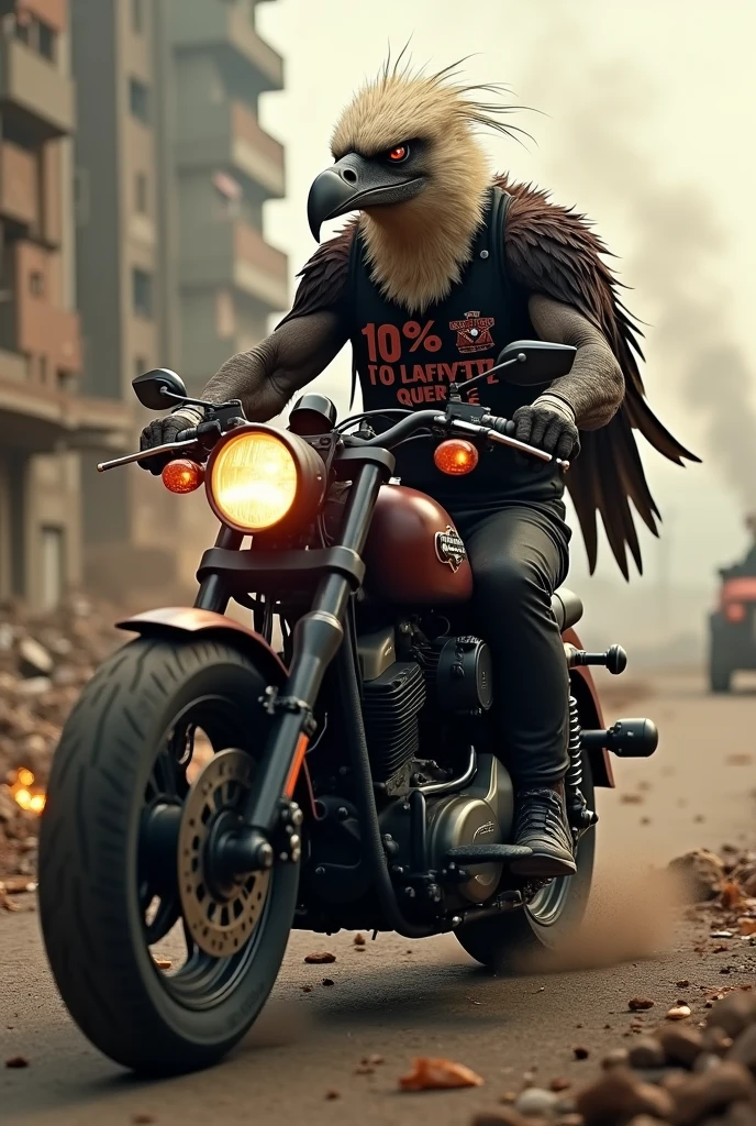 den, rooster bird, male, adult, veiny muscles, defined body, toned muscles, dark black pants, terrorist, bandit, criminal, pirate, serious look, fierce look, small eye, black feathered body, white feathers, detailed background, wild background, clear weather, realistic, photorealistic, ultra realistic, 8k, bare chest, black nipples, tight crotch, shirtless, utility belt, shiny skin, torso tattoo, long feathers, unbuttoned black vest, riding a motorcycle in the illuminated city