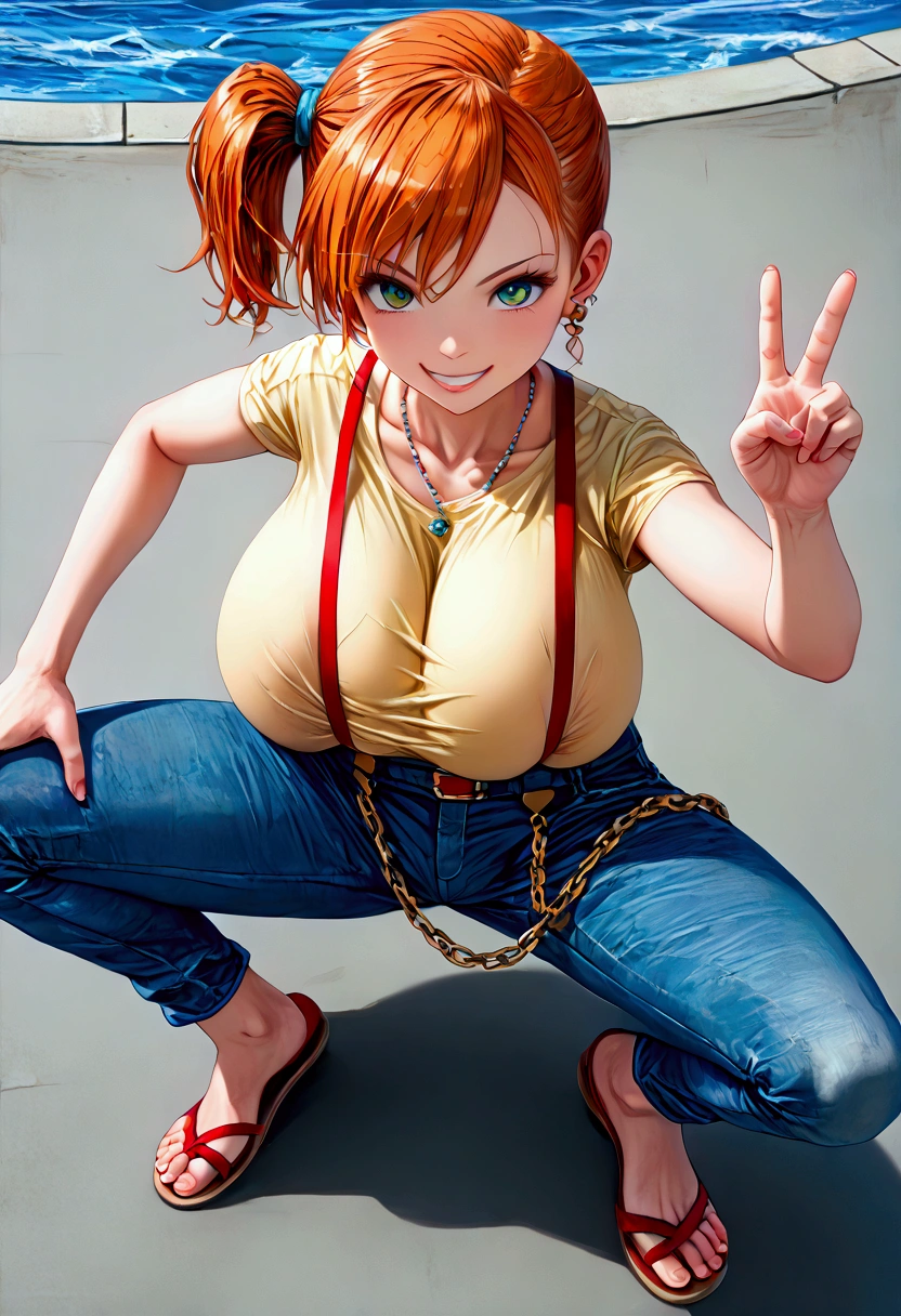 (((Misty)))、((( orange hair)))、((( side ponytail)))、((( yellow t-shirt)))、(((Red suspenders )))、((( jeans shorts)))、((((( squat)))))、(((Leg spread)))、(((((Gigantic Huge Breast)))))、(((((HYPER Breast))))),(((((v sign)))))、((((( crotch)))))、(((()))),(((smile))),(((Glare with sharp eyes)))、((( Master Karate )))、(((Showing teeth)))、(((((smile))))),(((((roll one's eyes back)))))、(((blue sky)))、(((Turf)))、{{{NFSW}}}、{masterpiece}, { top quality }, {ultra-  Details}, {shape}, { very delicate and beautiful},{extremely   Details CG}、{ Unity 8k Portrait with Chain}、{Fabric Shading}、{super   Details skin}、{ perfect anatomy}、{ Details}、{Dynamic Lighting}、{beautiful   Details eyes}、{beautiful   Details Face}、{ realistic , RAW anime }、( perfect face)、(非常に  Detailsな顔)、( perfect eyes)、(Highlights)、(  perfect leg)、(Perfect breasts)、(Perfect pose)、( perfect body),((( full body depiction)))、((((( view from above)))))