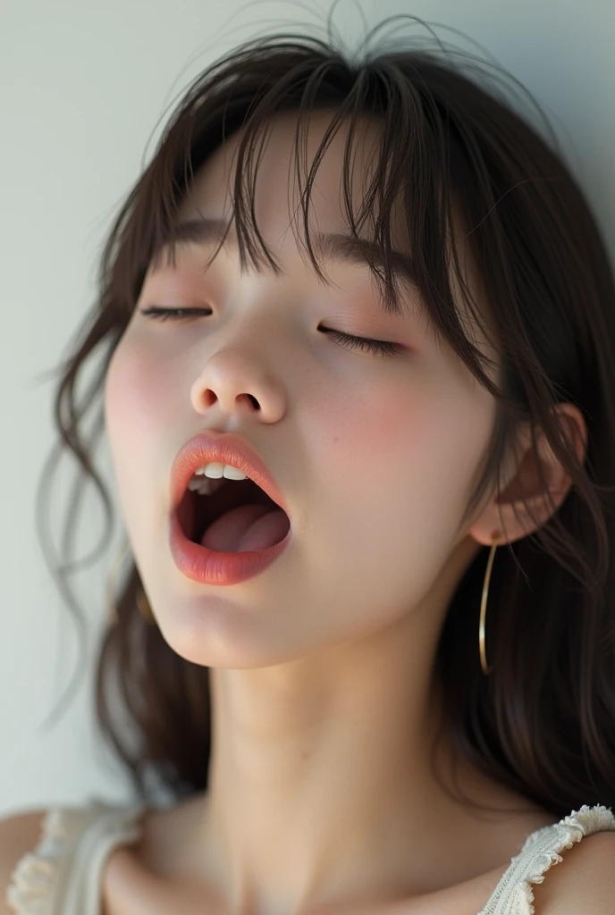 masutepiece, Best Quality, Illustration, Ultra-detailed, finely detail, hight resolution, 8K Wallpaper, Perfect dynamic composition, Beautiful detailed eyes, a room, Natural Color Lip,20 years girl,Perfect and beautiful face, Eyes closed、Deep sadness、Sorrow、look up sky、Open mouth、screeming、a room、Background blur