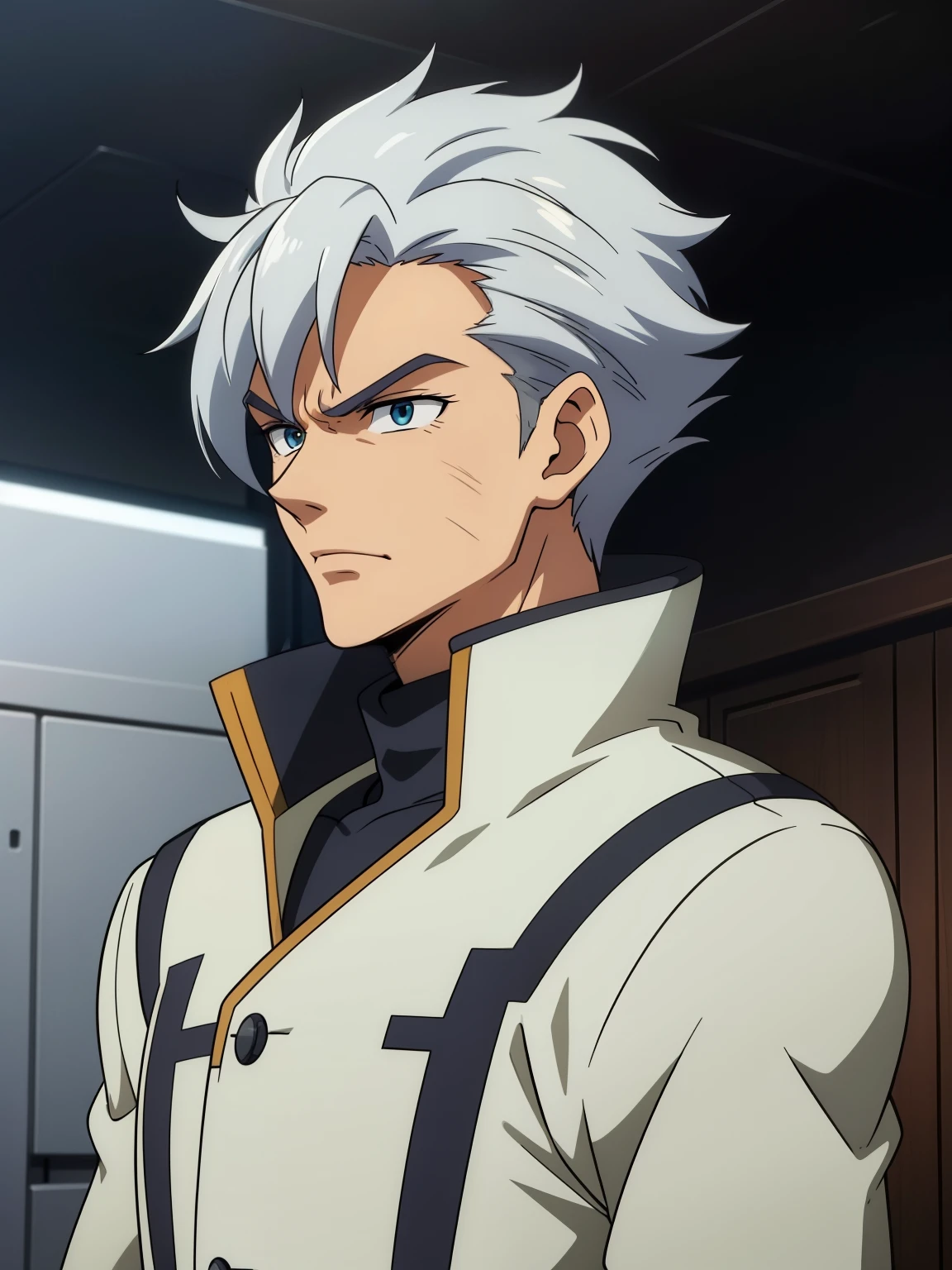 (high-quality, breathtaking),(expressive eyes, perfect face) 1boy, male, solo, adult age, Symmetrical Eyes, simple background, short hair, portrait, looking at viewer, blue eyes, pale brown hair, grey streaks, light facial hair, light beard, sprite, facing viewer, looking at viewer, standing straight, front view, gundam pilot, green military uniform, G Gundam style, calm expression, neutral face, muscular male, scar on face, scars
