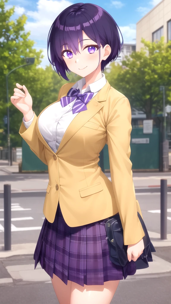(Very detailed CG Unity 8K wallpaper),(masterpiece), (Highest quality), (Very detailed), (Best illustrations),(Best Shadow)、Large Breasts、crowd、Having her skirt lifted by a bunch of men(See-through white underwear)、Embarrassed and blushing。Purple eyes and very short purple hair、White blouse、Blue tie、Checked mini skirt、Beige cardigan、Dynamic Angle