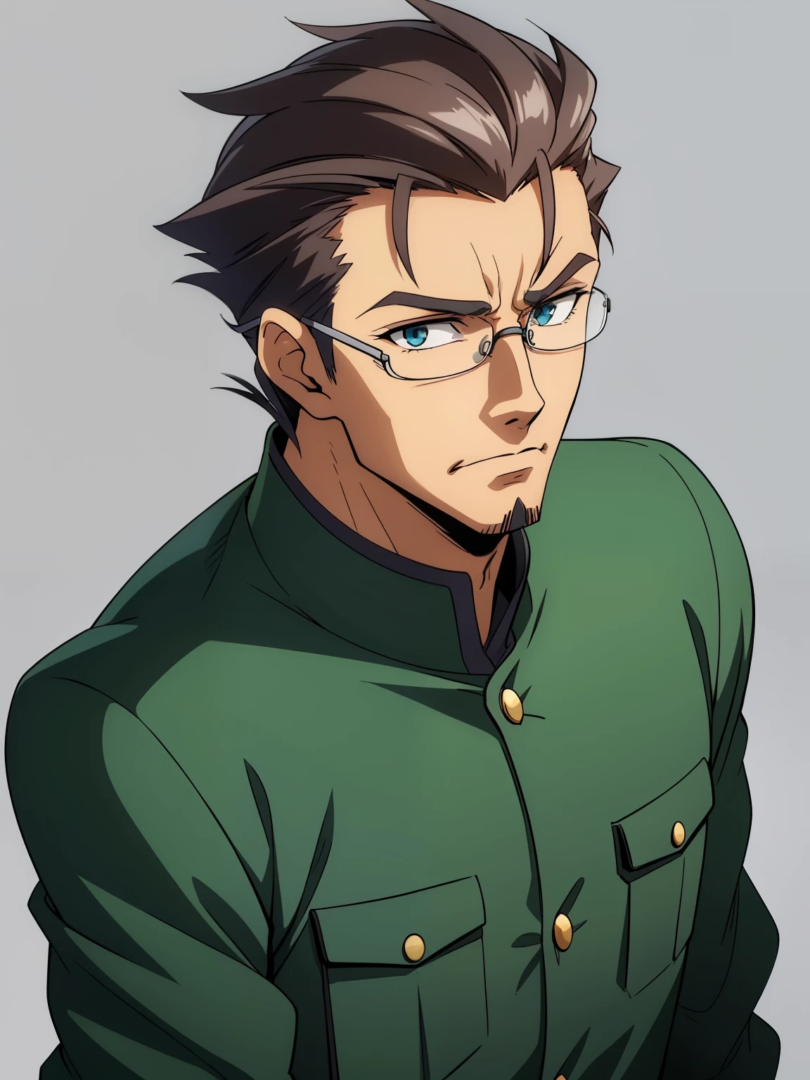 (high-quality, breathtaking),(expressive eyes, perfect face) 1boy, male, solo, adult age, Symmetrical Eyes, simple background, short hair, portrait, looking at viewer, blue eyes, pale brown hair, grey streaks, light facial hair, light beard, sprite, facing viewer, looking at viewer, standing straight, front view, gundam pilot, green military uniform, G Gundam style, calm expression, neutral face, muscular male, li shuwen (old), oval glasses
