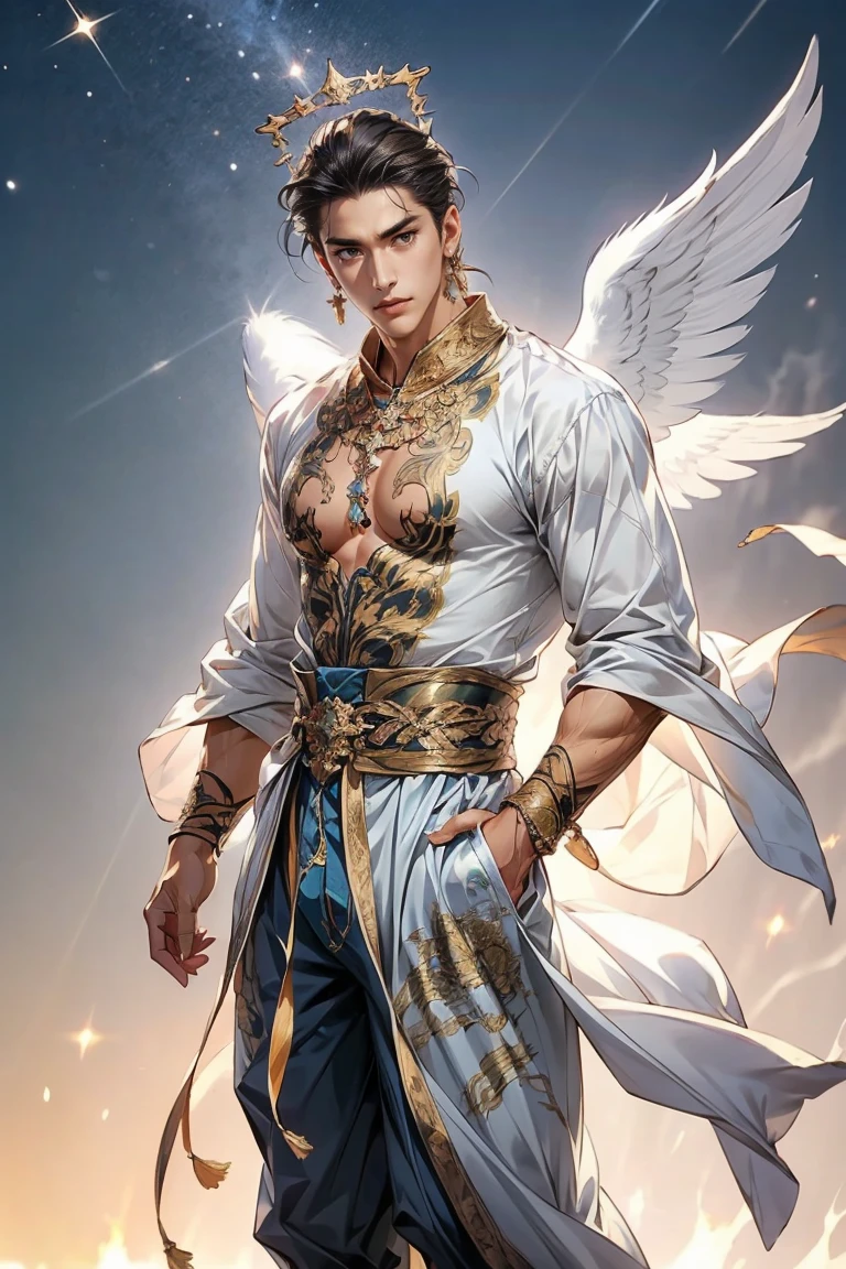 A full-body depiction of a male model, His mixed-race skin tone blends warm brown and lighter hues, lean yet muscular, with a captivating and innocent expression. His skin is a beautiful mixed tone of warm brown and lighter shades, with a radiant golden glow. He is portrayed as an angel, adorned with a golden halo featuring shining stars. The skin is enhanced with intricate golden details, creating an ethereal and divine aesthetic. The overall vibe is sensual yet elegant, with a focus on his celestial and striking appearance.