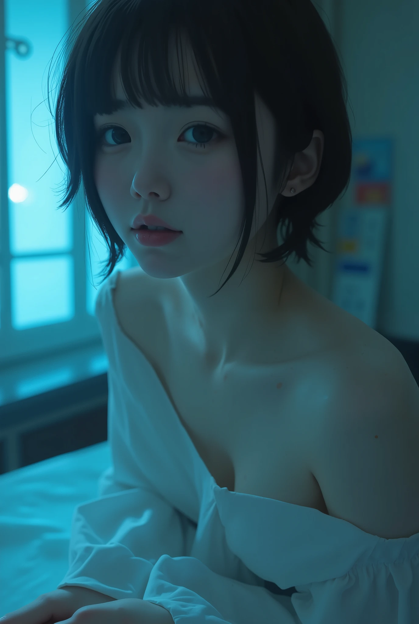 ( top quality ,  table top in bed:1.2,  super high res,  realistic :1.5),  RAW photo,  One Girl ,  off shoulder,  in the dark ,  deep shadow , Low lighting,  cool tone ,   seductive gaze  ,  short hair, foggy atmosphere, Inexplicable Atmosphere ,  Subtle Highlights ,  Dramatic Contrast,   elegant poses , Intense emotions, celestial beauty, Fascinating Darkness,  attractive expression