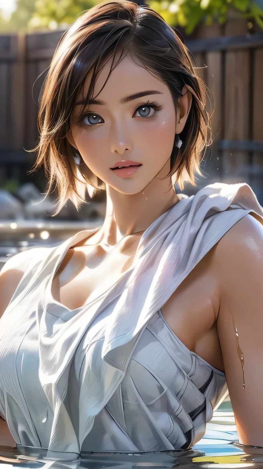 (In 8K, highest quality, masterpiece:1.2), (realistic, Photoreal:1.37), (masterpiece:1.4), the most beautiful girl in the world, glossy lips, highly detailed eyes, disorganized, HDR, Super detailed illustrations, highly detailed face, Raw photo, film grain, skin pores, Trending on deviantart Super detailed., looking at the viewer, cinematic lighting, perfection, soft light, high resolution skins:1.2, realistic skin texture, high school girl、small face、No makeup、, ,、 exposed cleavage, blue eyes, short hair, dark brown hair、gray background、lie down in bed、Pussy、pubic hair、Close-up of lower body、angry face,((pubic hairが透けて見える))
