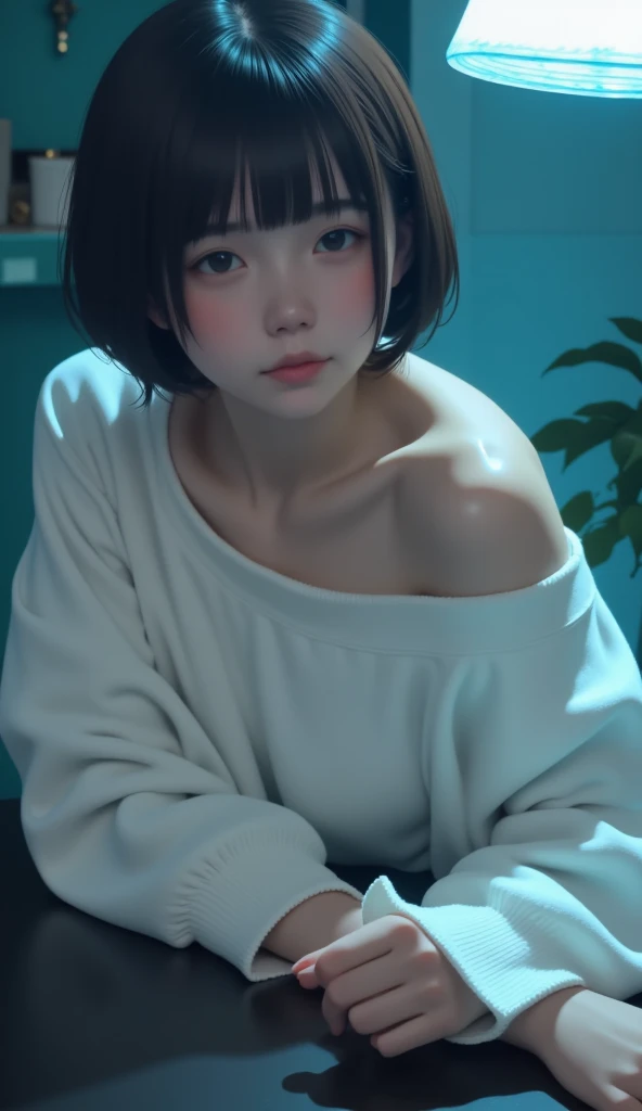 ( top quality ,  table top in bed:1.2,  super high res,  realistic :1.5),  RAW photo,  One Girl ,  off shoulder,  in the dark ,  deep shadow , Low lighting,  cool tone ,   seductive gaze  ,  short hair, foggy atmosphere, Inexplicable Atmosphere ,  Subtle Highlights ,  Dramatic Contrast,   elegant poses , Intense emotions, celestial beauty, Fascinating Darkness,  attractive expression