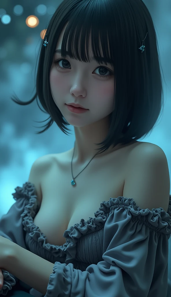 ( top quality ,  table top in bed:1.2,  super high res,  realistic :1.5),  RAW photo,  One Girl ,  off shoulder,  in the dark ,  deep shadow , Low lighting,  cool tone ,   seductive gaze  ,  short hair, foggy atmosphere, Inexplicable Atmosphere ,  Subtle Highlights ,  Dramatic Contrast,   elegant poses , Intense emotions, celestial beauty, Fascinating Darkness,  attractive expression