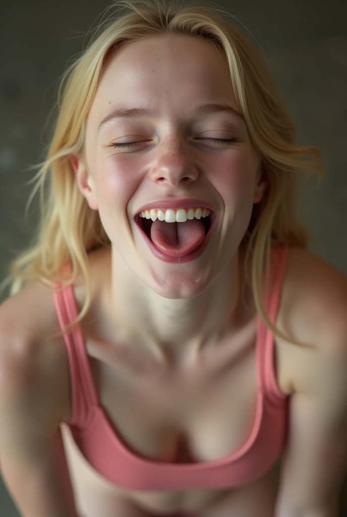 closeup of a female ’s face, mouth very wide open and smiling, eyes closed, naturally blonde hair, wearing strapless bra, extreme skin detail, photorealistic, 8k, wallpaper, viewed from above