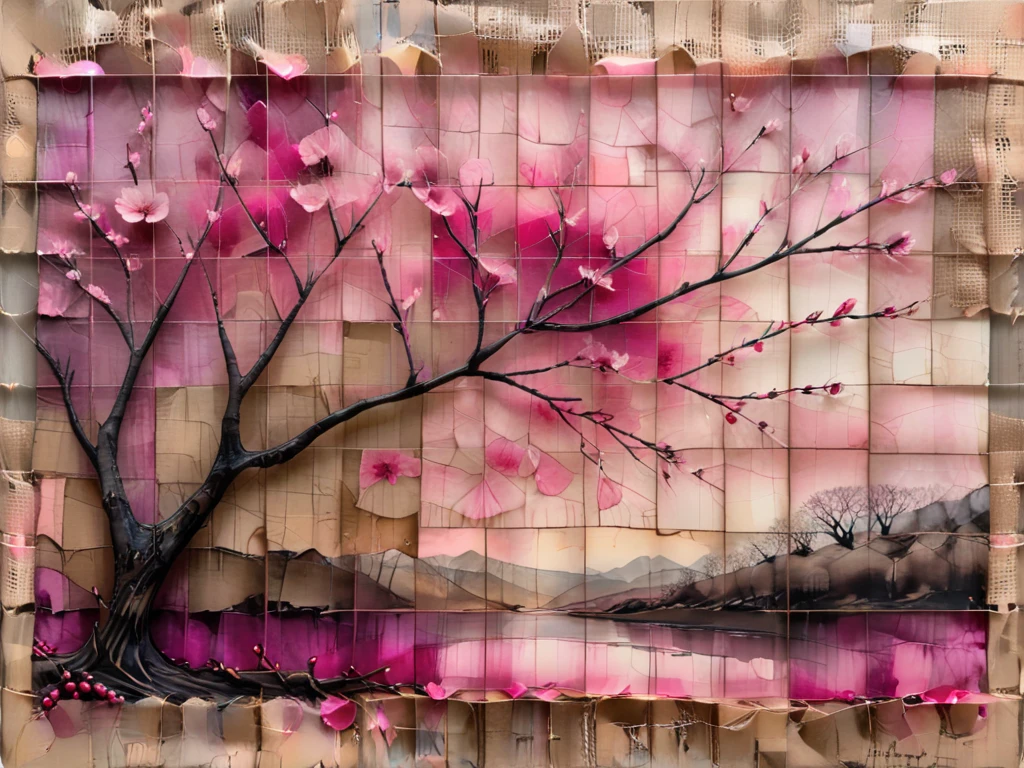 sky nature print, peninsula, stocky, alcohol ink, Burlap, realism style, Vanishing Point, split complementary colors, plaid pattern, foreground effect, sepia tint accents, layered dimension, frosted texture, distressed finish  , one big cherry tree、Pink cherry blossom petals cover the screen