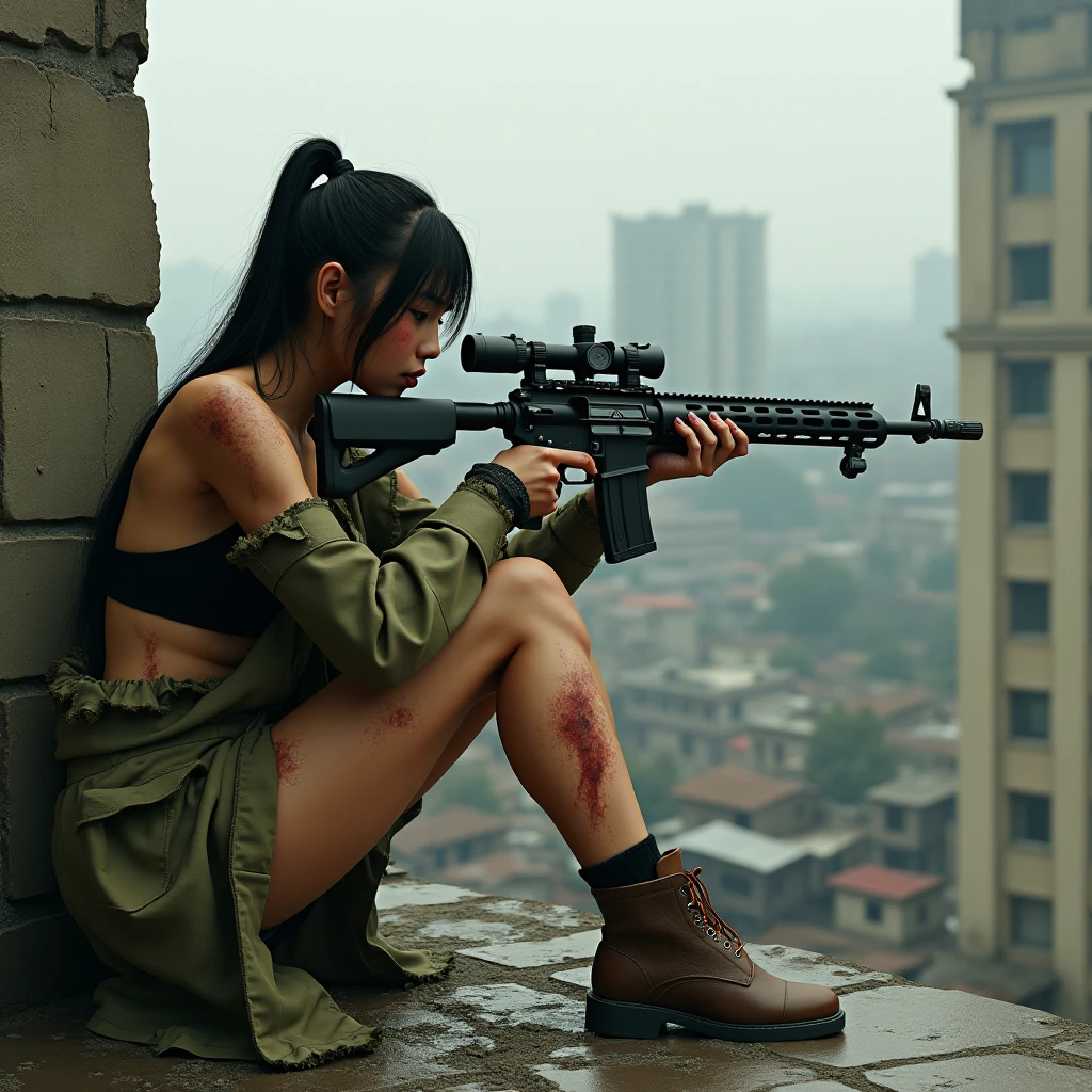 A striking post-apocalyptic photo of a asian woman clad in survival gear, wearing a t-shirt with the phrase "ngadi" printed on it. She is seated on the edge of a rooftop, overlooking a desolate city with zombies crawling through the streets below. She holding an Ak47 assault rifle, radiating a strong sense of determination and resilience. The backdrop of the image is a hauntingly empty cityscape, with a somber color palette that highlights the stark reality of the situation.