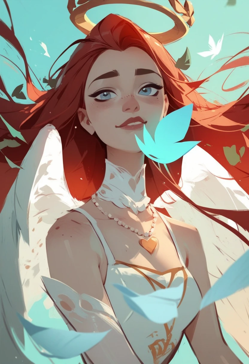 girl, with too long hair ,red hair color, blue eyes,  white dress with neckline ,  white gloves ,  black necklace with blue heart-shaped necklace, Leaf-white skin ,unrealistic white ,with angel wings and a halo on the head 