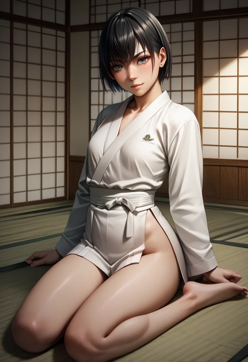 (top-quality, masterpiece:1.2), BREAK１Beautiful Japan girl, Black hair short hair, perfect bodies, Sexy Woman, flat breast, Oily skin, skinny, white judo uniform, looking at the viewers, Seiza, bare foot, BREAK Tatami mats,