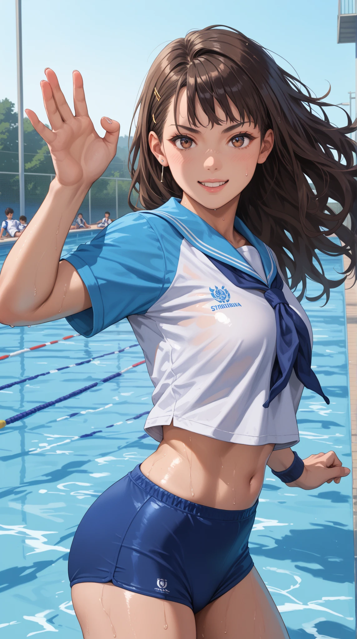 (super flat, flat shading), Honors Type, Really blushing, 17 years old, (swimming Match:1.5), 2girls, (fighting:1.5), wearing white (high-cut bikini uniform:1.5), wedgie:1.5, cameltoe:1.7, sports shoes, ponytail brown hair, sweaty healthy body, sweaty soaking wet full body, bare legs, navel, ultra realistic, breeze, in crowded public gymnastics,