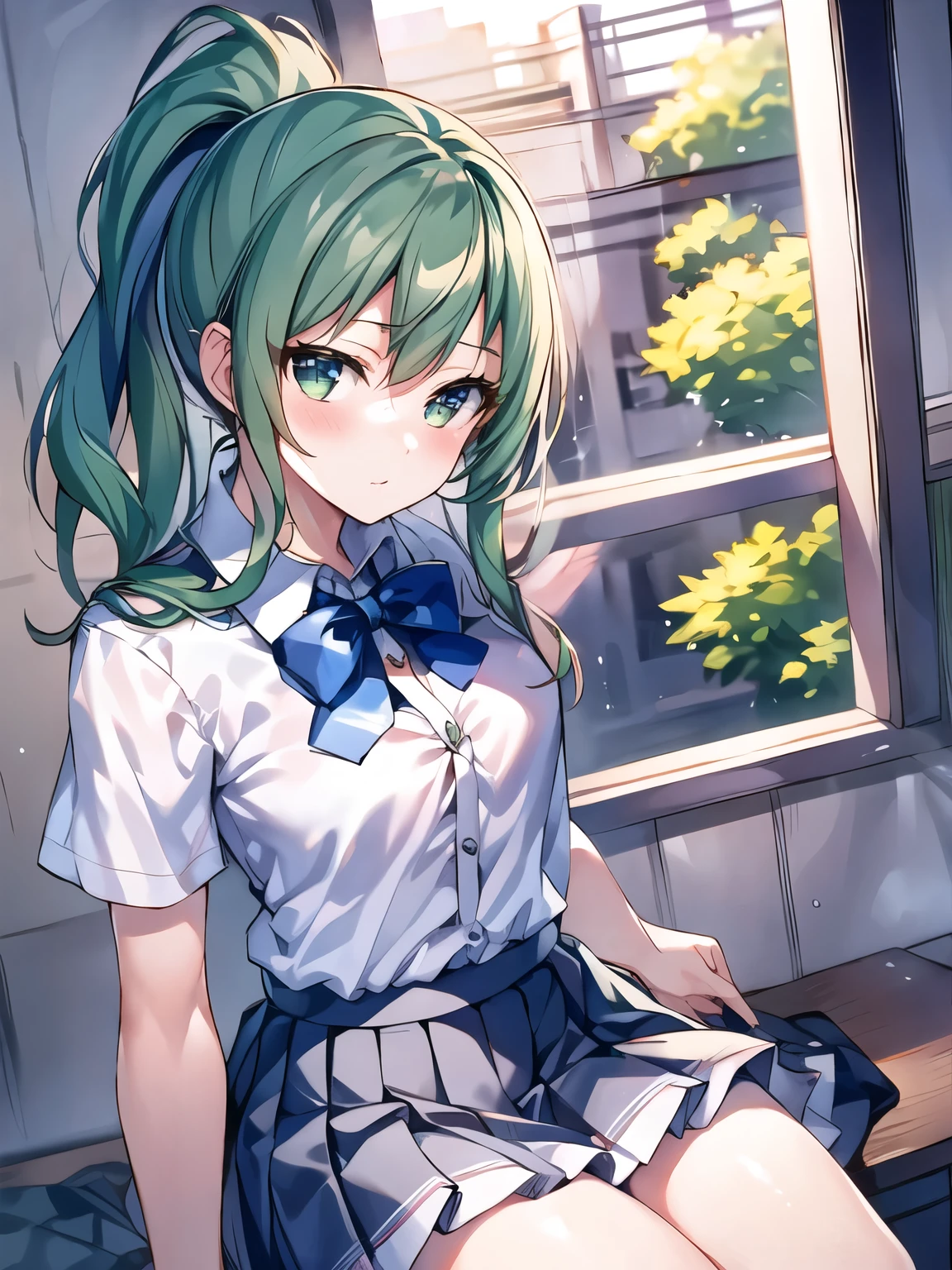 Top Quality Masterpiece, High Resolution, Lucia, Emerald Eyes, Emerald Hair, Ponytail, Beautiful Girl, White Shirt, Collared Shirt, Pleated Skirt, Miniskirt, Blushing Love, Melodere Delle, Medium Hair, High School Student, 7 minute length