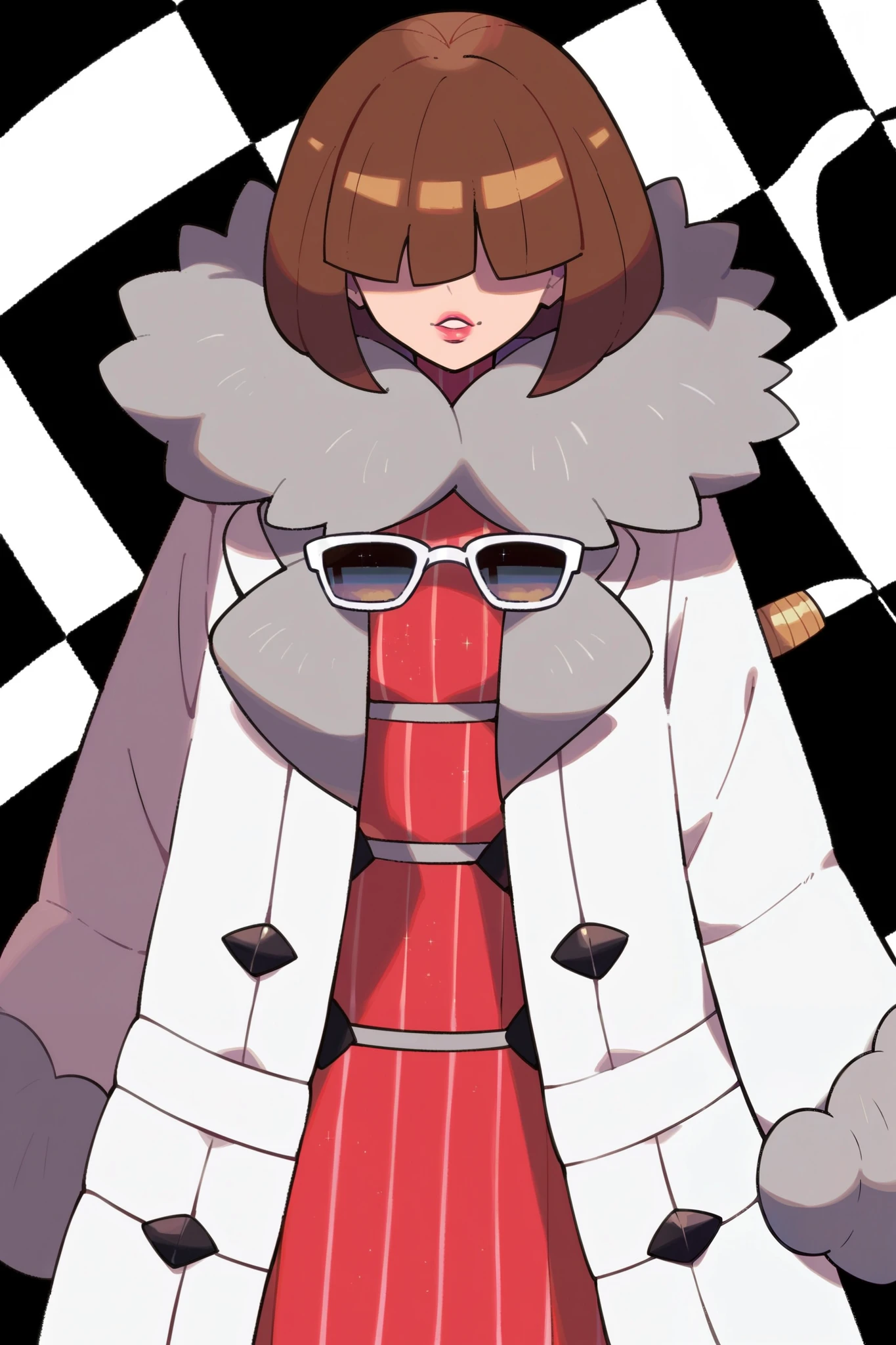 score_9, score_8_up, score_7_up, pokemon pokemon_(anime) pokemon_journeys pokemon_sv pokemon_bw2 1woman sharp_focus standing detailed_face hyper_detailed, brown hair, white coat, tube dress under coat, gray fur scarf, pink lipstick, bob brown hair, sunglasses over eyes, elegant pose