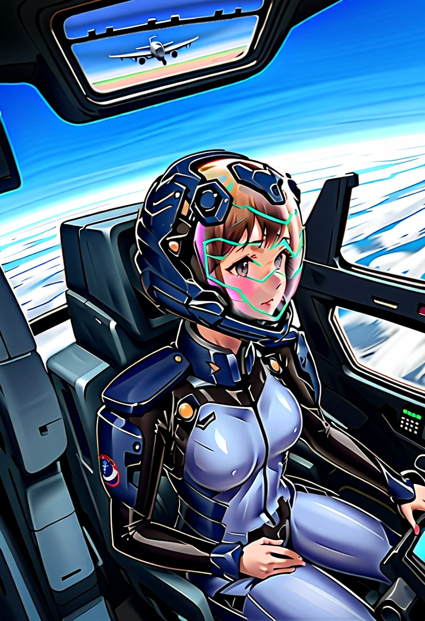 ((Female pilot in the cockpit of a reconnaissance plane), (airplane cockpit), (in flight), (10000 feet altitude)、(sky view):1.7),, short hair, street, emo, BLACK hair, white eyes, eyeliner, apocalypse, 2girl, nside the (cockpit:1.9) of a (futuristic spaceship:1.6), , blush covered navel, space helmet, muvluv, space helm, plug suit , space helmet, eva helm, space suit, short hair,  blue bodysuit, visor helmet, from behind, 2girl