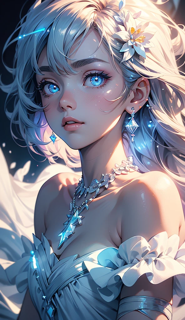 (Masterpiece, Top Quality, Best Quality, Official Art: 1.2), (1 woman), Full portrait of the most beautiful, sexy ethereal woman with snow-white hair, pastel highlights, framing a face of extreme detail and elegance. Frosty blue eyes are adorned with blue eyeshadow, complementing the blue jewels on her forehead. Long lashes and double eyelids are accentuated with dark purple mascara. Rosy cheeks add a touch of warmth to her ethereal beauty, and her glossy skin shines in the cinematic light, highlighting each and every realistic pore and wrinkle. Full sexy lips, painted with purple lipstick, complement