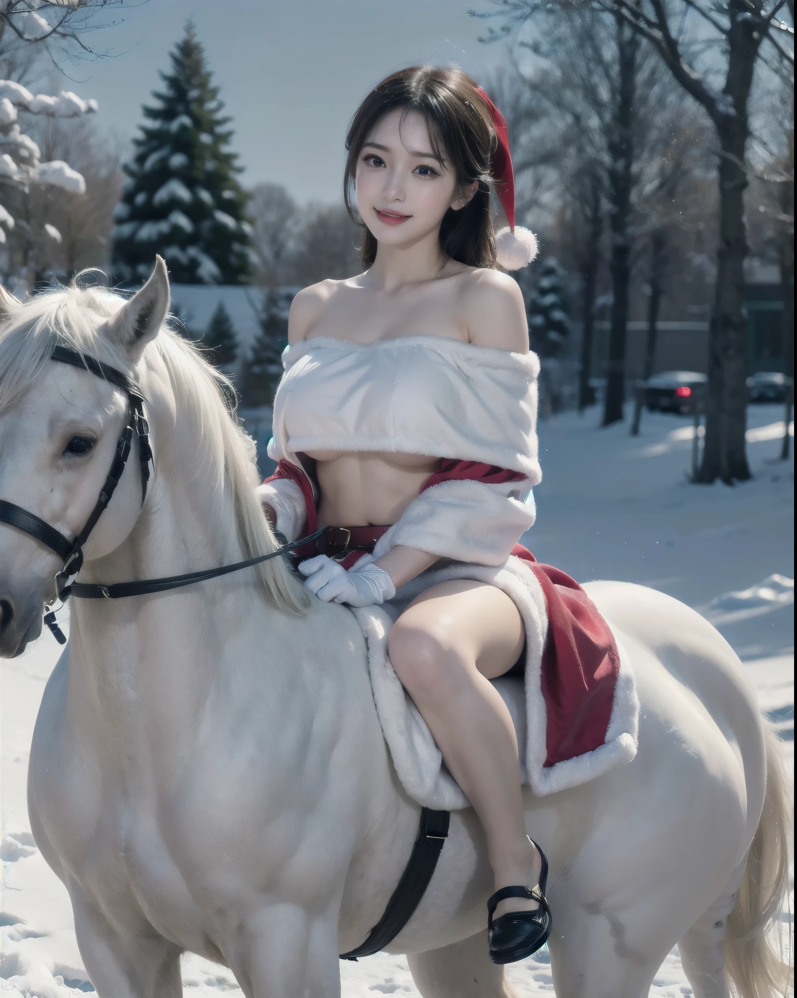 ( realistic , photo- realistic :1.37), (masterpiece), ( top quality :1.4), (  ultra high resolution on a white horse:1.2),( RAW photos :1.2), ( sharp concentration :1.3), ( focus on face :1.4),  vivid details from below and from behind, Underboob, hyper  realistic ,  elegant ,  professional attire ,  detailed description , snowy town ( Japanese idol with long eyelashes), (Big Breasts),  short hair, (Happy smile), ( let's look like Santa Claus :1.2), ( off shoulder), Full body to toes,  expand your legs,