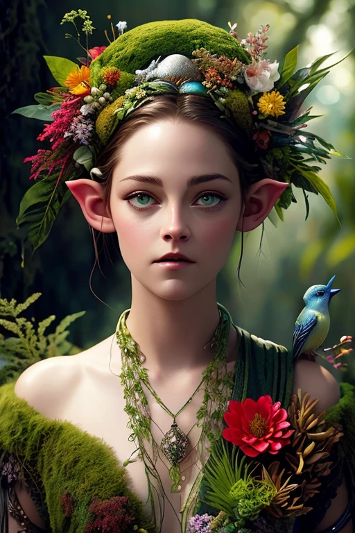  Beautiful elf boy , Naked,  full length. There is a wreath of flowers on her head  ,  And it has a bird's nest with a beautiful bird similar to Kristen Stewart .,  Close-up of a surreal moss elf with sharp ears in the style of Ernst Haeckel,  Arthur Rackham , Roger Dean, Jeff Wall, Wolfgang Tillmans, Brooke Scheiding $illustration etching drawing$  detailed matte resin drawing ,  Intense color ,  fantastic , the hard part, screensaver,   additional colors  ,  fantastic concept art, Covered in greenery,  absolutely the entire Island of Nevisenia in the ocean is  , unhappy people live there, savages, they look terrible, but kind inside !