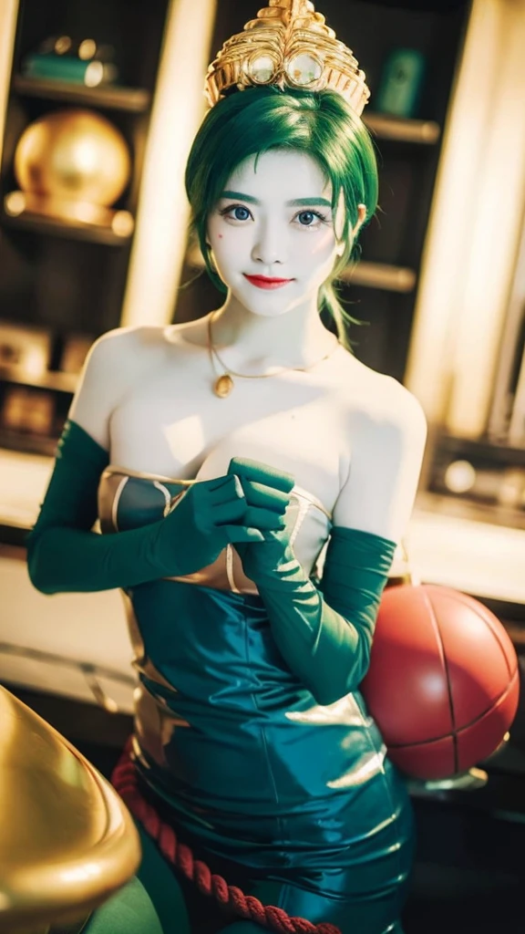 (masterpiece,best quality,ultra-delicate,Perfect Face,16k,high resolution,very beautiful woman), deep green hair,the hair in the back is very short:1.5,blue latex bodycon dress, long latex gloves, light green tights:1.3, large breasts, large red ball and tall cylinder shape gold headpiece connected by a rope:1.3, white skin:1.3, red gem on forehead ((cosmetics counter)), gold necklace, smile