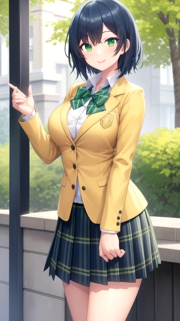 masterpiece, best quality, high quality, girl, solo, looking at viewer, touya_mochizuki, black hair, blue hair, large breasts, school uniform, green bowtie, blazer, yellow jacket, long sleeves, plaid skirt, green skirt, standing, cowboy shot, outdoors, smile,