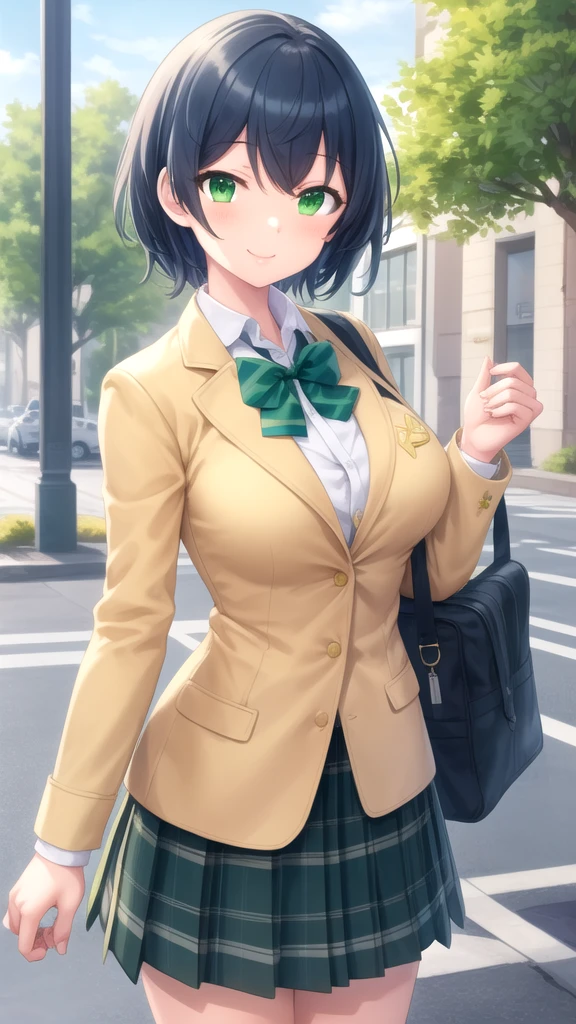 masterpiece, best quality, high quality, girl, solo, looking at viewer, touya_mochizuki, black hair, blue hair, large breasts, school uniform, green bowtie, blazer, yellow jacket, long sleeves, plaid skirt, green skirt, standing, cowboy shot, outdoors, smile,