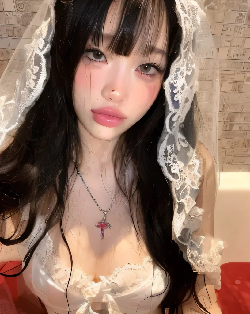 1 miniature Beautiful beautiful woman - Yuan Sayuki, ((top quality, 8K, Masterpiece:1.retty woman, 1 woman, huge breasts:1.3, a slim body:1.1, lush white short hair, (shower, wet body, wet clothes:1.1), very detailed face, detailed lips, detailed eyes, double eyelids, Detailed blue eyes, чрезвычайно Detailed Outstanding Blue Eyes, short white wet hair, white wet hair, Detailed Outstanding Blue Eyes, innocent look at the viewer, very wet wavy white hair, Detailed Outstanding Blue Eyes, huge cross earrings, Outdoors, badges behind, gothic wedding uniform, sexy gothic style wedding dress with veil, bare chest, huge chest tattoo wearing a wreath, detailed huge earrings, chest tattoo, Outside - there are trees and a buddhist temple in the background, wear a silver cross (Detailed cross shape), reality mode, wet breasts, black necklace, black wedding dress and black veil, human crowd behind, head/forehead chain veil, black latex gloves, naked breasts, naked breasrs, naked nipples, hair of white snowy colour