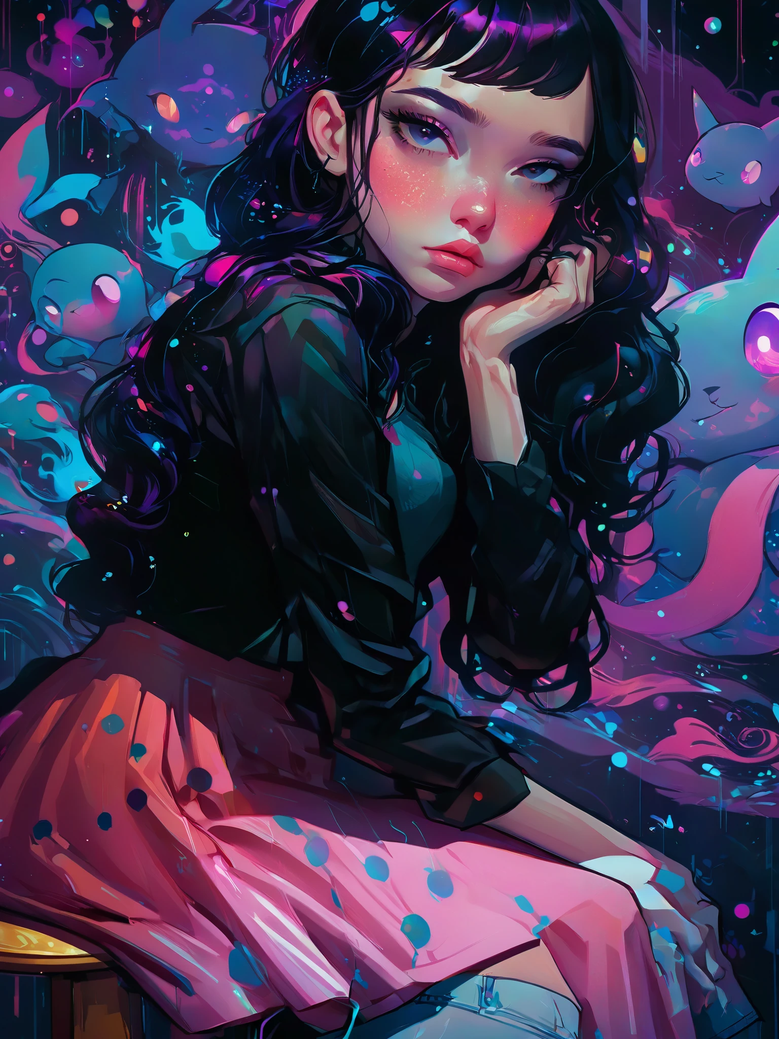 A close up of a woman sitting on a stool in a room, loish y ross tran, loish art style, In the style of Ross Tran, Beeple y Jeremiah Ketner, Artgerm and James Jean, inspired by Ross Tran,  artwork in the style of Guweiz, neoartcore y charlie bowater, por loish