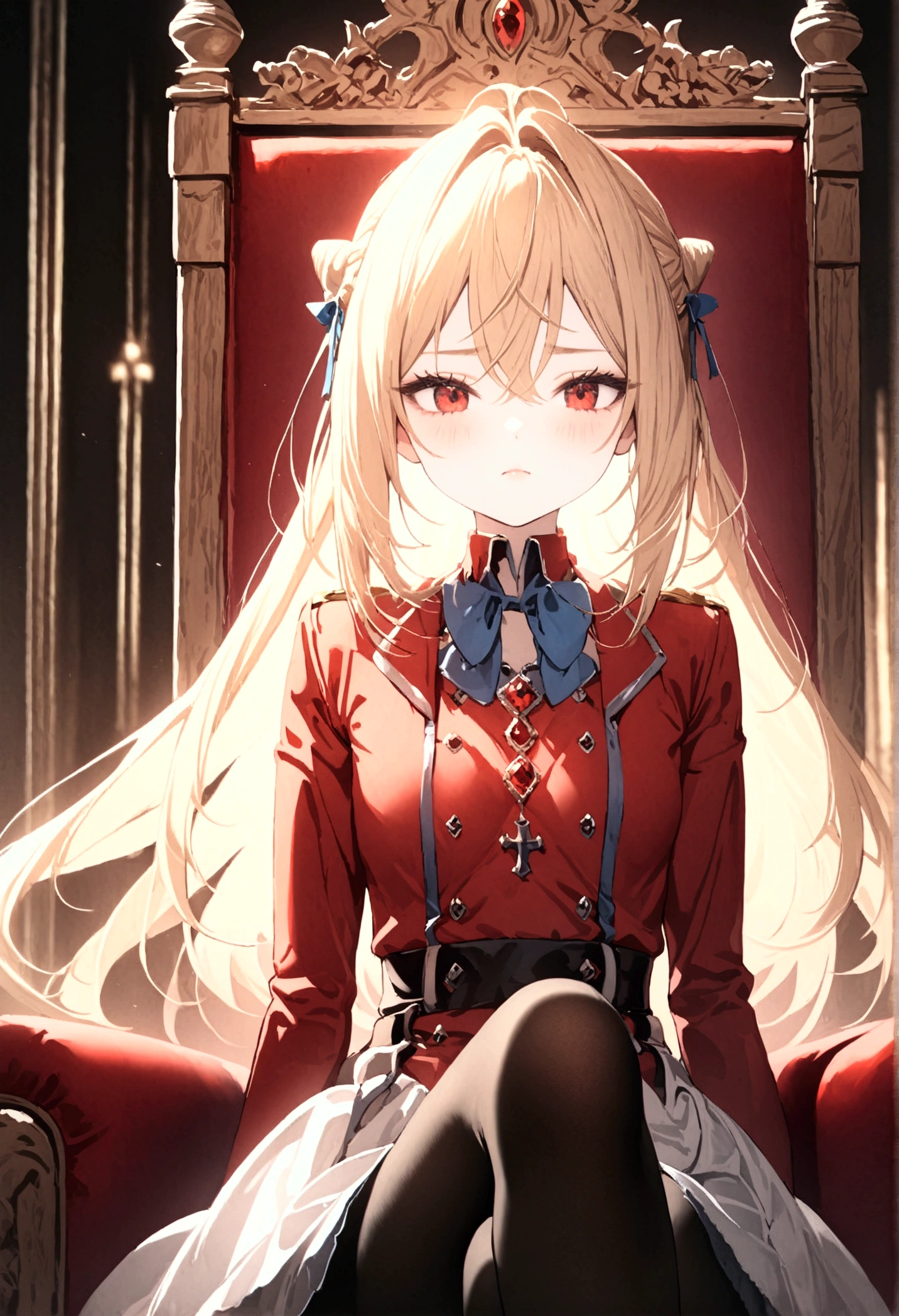  high image quality 、masterpiece、  High Quality   、Full HD、4K 、 long golden hair 、Tie your hair in a bun、 red eyes、 slim、 small breasts、blush、 red and gold uniform 、White Skirt、 blue ribbon on the chest、 Black Tights 、Sit on the king's chair 、 wear cheek sticks 、 crosses legs